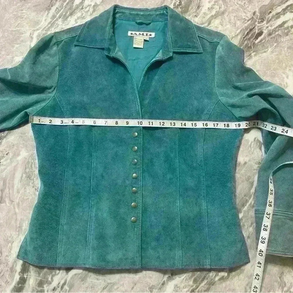 AMI Women's Blue Jacket Lined Leather Coat Blazer Vintage Medium Festival - Picture 10 of 12